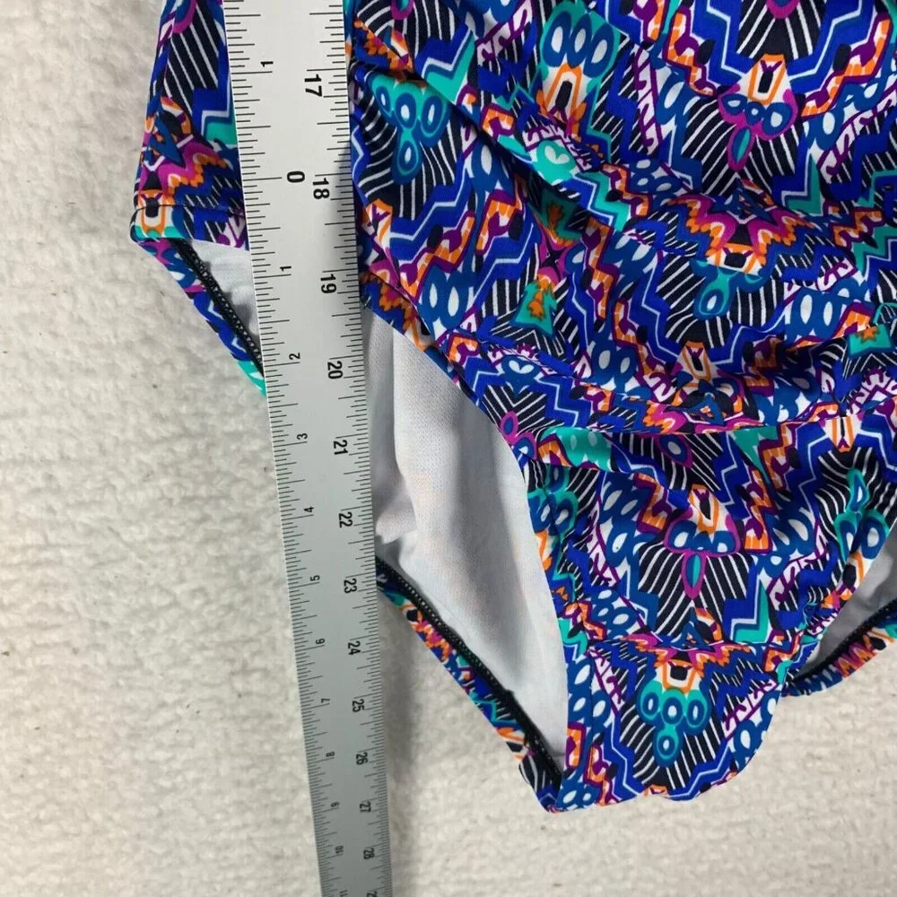Swim Solutions Navy Multi Tummy-Control Shirred One-Piece Swimsuit Sz 8 NWT 9401 - Picture 6 of 11